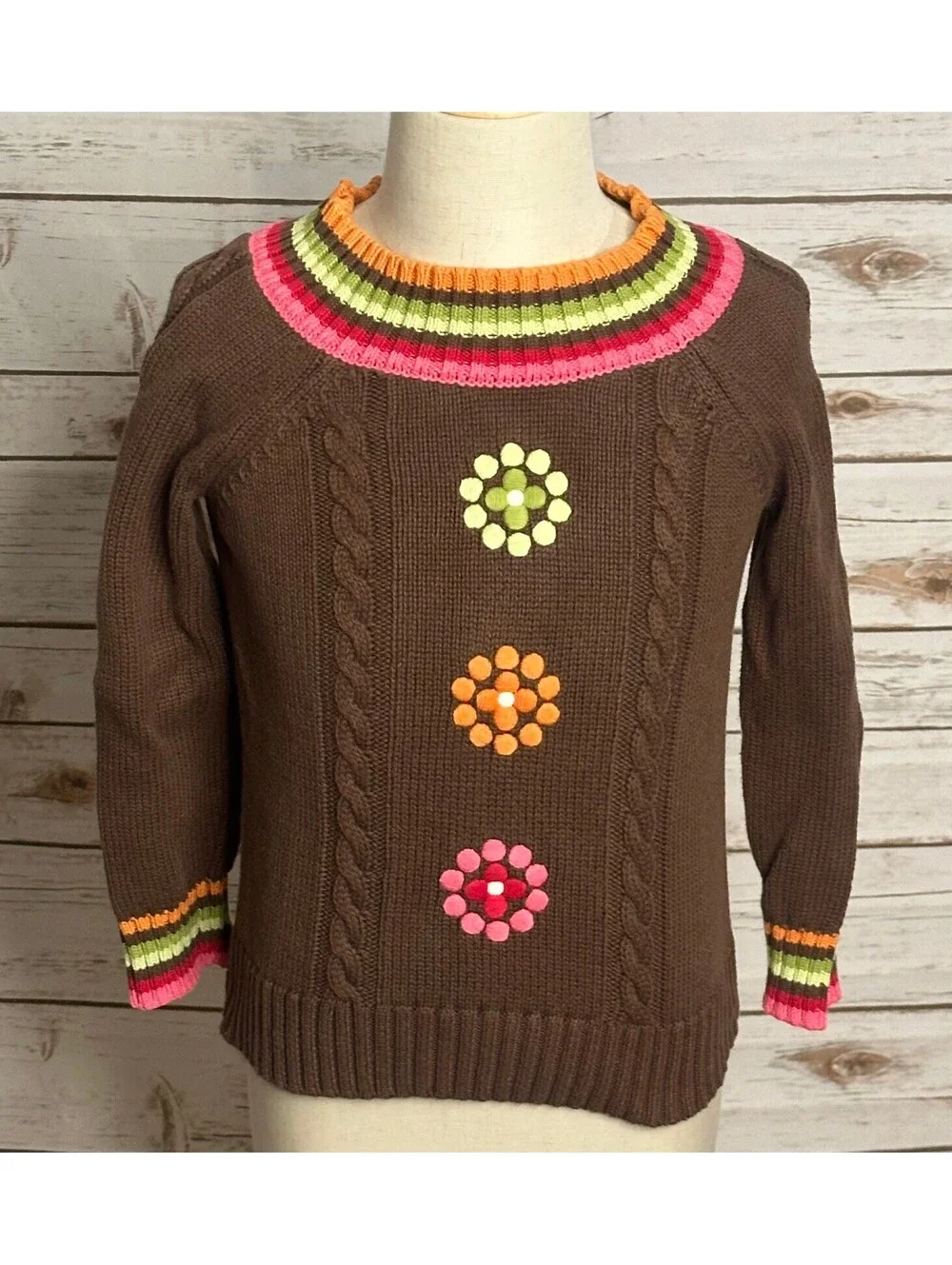 Gymboree Winter Cheer Dot Flower brown 100% cotton cable-knit sweater XS (3-4)